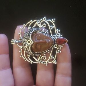 New Carved Brown Goddess Face Garnet 925 Silver Pendant.